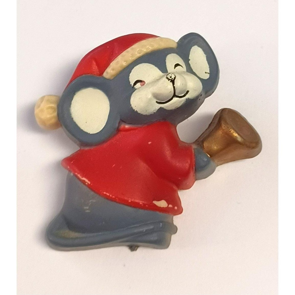 Vintage Christmas Mouse Pin Brooch Santa Hat‎ Ringing Bell Plastic Holiday Decor